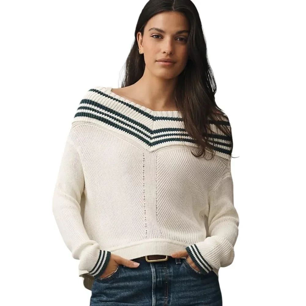 Anthropologie Maeve Striped Off-The-Shoulder V-Boatneck Sweater Size S NWT
